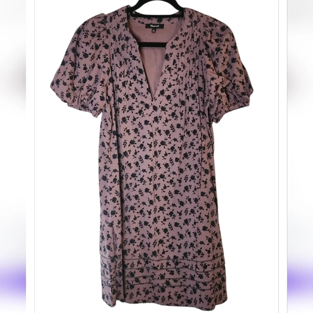 Madewell Tillie Puff-Sleeve Mini Dress Shadow Bloom Pin Tuck Detail Violet XS